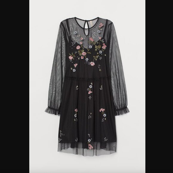 H&M Divided Sheer Black Mesh Slip Dress with Embroidered Flowers - Picture 1 of 4